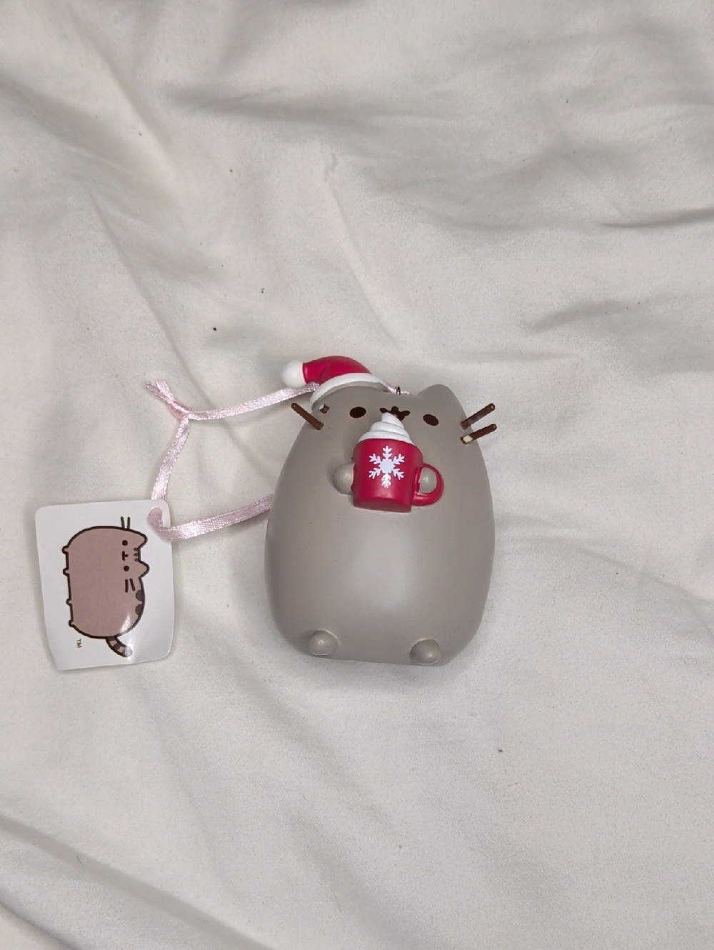 Pusheen Gray Cat Ornament with Red Mug and Pink Hat Accent